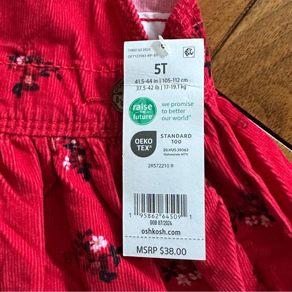 OshKosh B'gosh Red Floral Overall Dress Y2K Girls Size 5